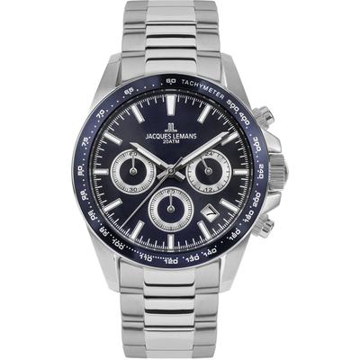 Chronograph JACQUES LEMANS "Liverpool", silber (silberfarben, dunkelblau), Armbanduhren, Herren, Quarzuhr, Armbanduhr, Herrenuhr, Lederarmband, Datum Image