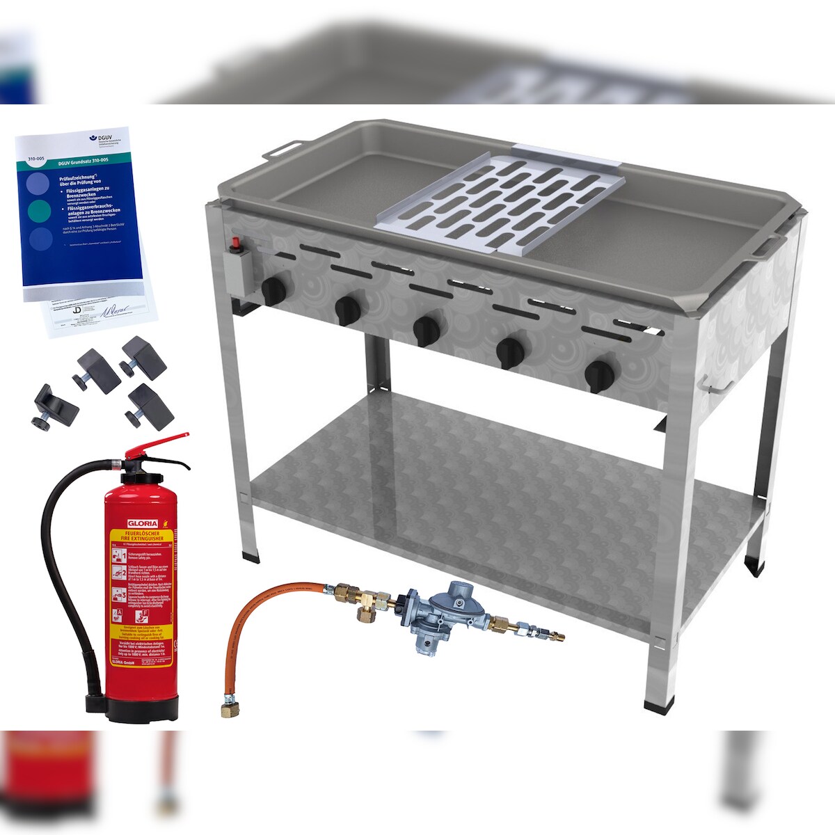 ChattenGlut Reibekuchenbräter 5-flammig 22,5kW, mit Fettbrandlöscher GLORIA FA6 EASY, Gasdruckprüfung, Gewerberegler, und Kartoffelpuffer Auflage Image