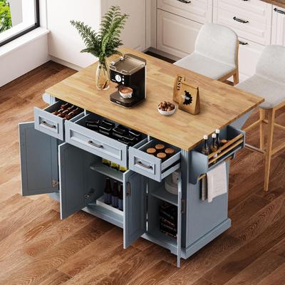 Large Kitchen Island with Drop Leaf, Rolling Kitchen Cart on 4 Wheels Moveable Kitchen Storage Carts with 4 Doors 3 Drawers