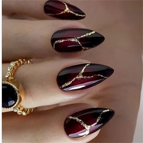 24 faux ongles à pression tendance – style amovible avec un design de ligne dorée de luxe pour une manucure élégante