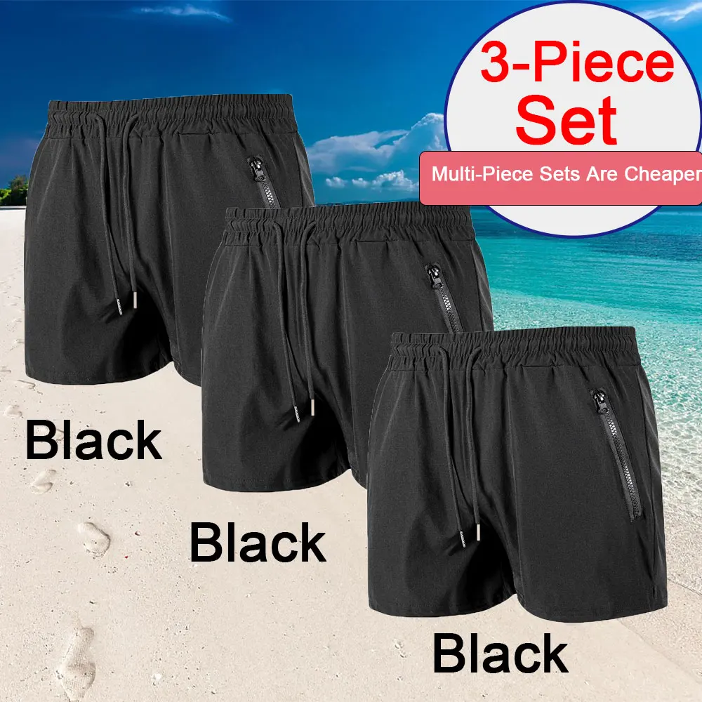Herren 3-teilige einfarbige Badeshorts, Sommer, lässig, Strand-Boardshorts für Männer, schnell trocknend, Laufen, Fitness, Fitnessstudio, Shorts mit Reißverschlusstasche Image