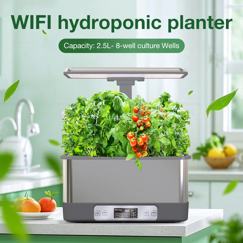 WiFi 8-Loch Smart Grower Edelstahl Hydrokultur-Anbausystem Pflanzmaschine Gartenbox mit Spektrum-LED-Wachstumslichtern Image