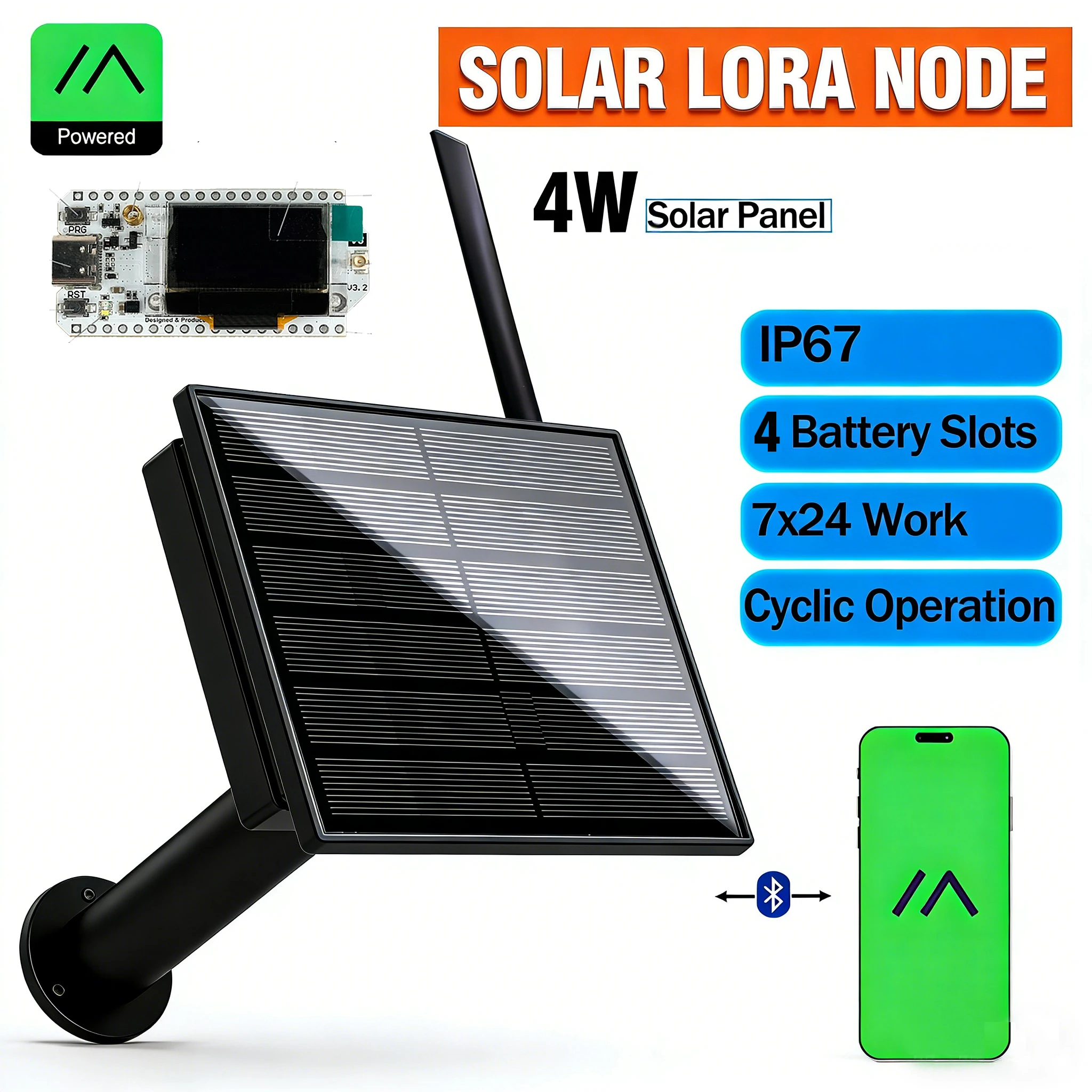 4W Solar LoRa Node 868 915Mhz Batteriebetrieben Outdoor IP67 Wasserdicht Heltec Node LoRa32 V3 LoRaWAN Meshtastic Energiesparend Solarbetrieben Image