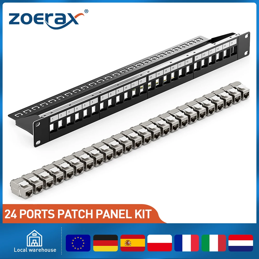 ZoeRax RJ45 geschirmtes Patchpanel mit CAT7 Keystone-Buchse, 1U 19-Zoll-Patchpanel mit abnehmbarer Rückwand für CAT7/6A Ethernet-Kabel Image