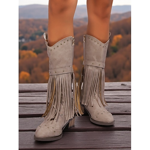 Kniehohe Stiefel aus braunem Kunstleder mit Fransen, Nietendetails und niedrigem Blockabsatz, Schuhe im Bohème-Western-Cowboy-Stil für Damen Image