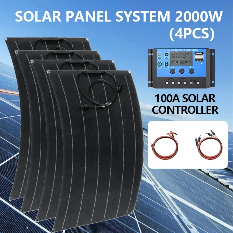 500 W-2000 W Solarpanel-Set – 12 V/18 V/24 V Batterieladegerät | Haushalt und tragbare Stromversorgung für Wohnmobile/Boote/Autos/Camping Image