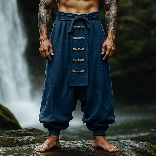 Herren Leinenhosen Hose Sommerhose Baggy-Hosen Kordelzug Elastischer Bund Knöpfe Einfach Komfort Atmungsaktiv Volle Länge Outdoor Yoga Lässig Urlaub Designer Rote Marineblau Unelastisch Image