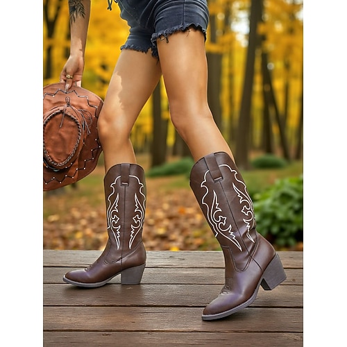 Damen-Western-Cowboystiefel in Mokkabraun mit weißen Stickereien und Blockabsätzen, Schuhe im Bohème-Western-Stil Image