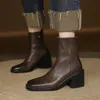 2023 neue Echtes Leder Retro Stiefel Frauen Runde Kappe Chunky High Heels Zipper Stiefeletten Herbst Winter Western Stiefel Dame Schuhe