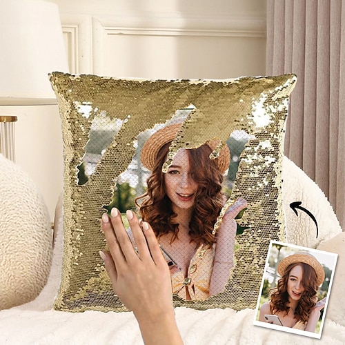 individuelles Foto-Paillettenkissen für Frauen, personalisierter Wendekissenbezug mit Ihrem Bild, einzigartiges Geschenk zum Geburtstag oder Valentinstag Image