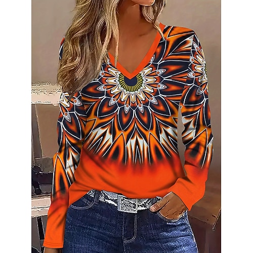 Damen T Shirt Druck Ombre Grafik Geometrisch Vintage Stilvoll Lässig Langarm V Ausschnitt Normale Oberteile Täglich Blau Gelb Orange Frühling Herbst Image