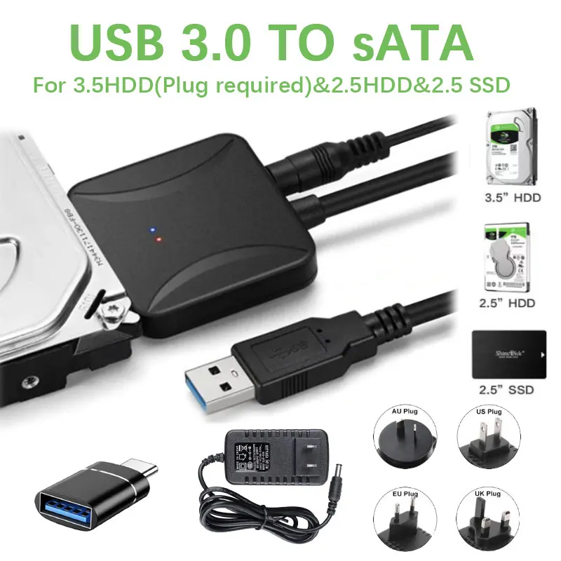 USB 3.0 zu SATA Adapter Kabel Konverter für externe 2,5 3,5 Zoll SSD HDD Festplatte mit 12V Netzteil Unterstützung PC Laptop Fa Image