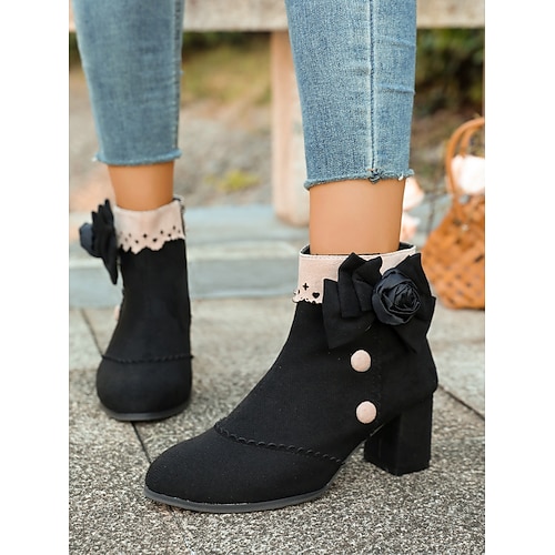 Damen Stiefel Chelsea-Stiefel Täglich Blumen Stiefeletten Blume Blockabsatz Spitze Zehe Bohemien Wildleder Reißverschluss Schwarz