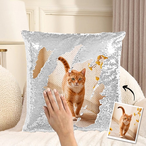 Personalisiertes Katzenfoto-Paillettenkissen, personalisierter Wendekissenbezug mit Ihrem Haustierbild, Geschenk für Katzenliebhaber Image