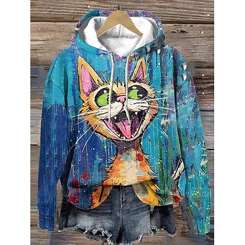 Damen Kapuzenshirts Patchwork Druck Grafik Tiermotiv Vintage Lässig Langarm Mit Kapuze Normale Oberteile Lässig Straße Ausgehen Blau Schwarz Gelb Orange Grün Frühling Herbst Winter Image