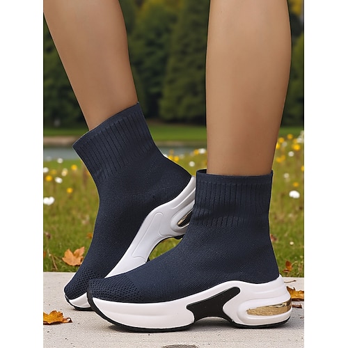 Beige Flyknit-Sockenstiefel für Damen mit Plateausohle – leichte Freizeit-Wanderschuhe für Outdoor, Reisen und Sport Image
