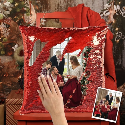 Personalisiertes Weihnachtsfoto-Paillettenkissen, personalisierter Wendekissenbezug mit Ihrem Bild, Weihnachtsdeko, Geschenk Image