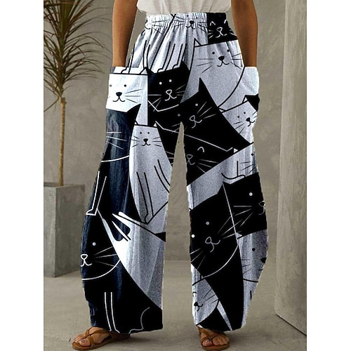 Damen Leinenähnliche Weitbeinige Chinos Vintage Casual Voll Länge Hochbund Grafik Abstrakt Elastischer Bund Unelastisch Casual Täglich Alltag Blau Grau Weiß Braun Sommer Frühling Lockerer Sitz Image