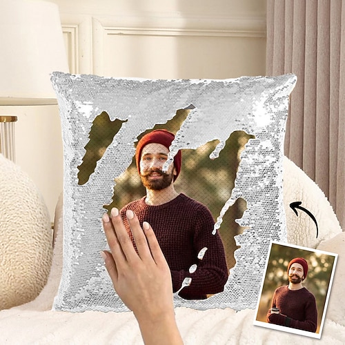 Personalisiertes Foto-Paillettenkissen für Männer, personalisierter Wendekissenbezug mit Ihrem Bild, einzigartiges Geschenk für ihn zum Geburtstag oder Jahrestag Image