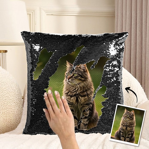 Personalisiertes Katzenfoto-Paillettenkissen, personalisierter Wendekissenbezug mit Ihrem Haustierbild, Geschenk für Katzenliebhaber