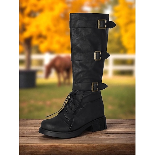 braune kniehohe Stiefel für Damen – Vintage-Reitstiefel aus Kunstleder mit Schnürung, dreifachen Schnallenriemen und klobigem, niedrigem Absatz, Schuhe im Steampunk-Stil für Herbst, Bauernhof und Outdoor-Abenteuer Image