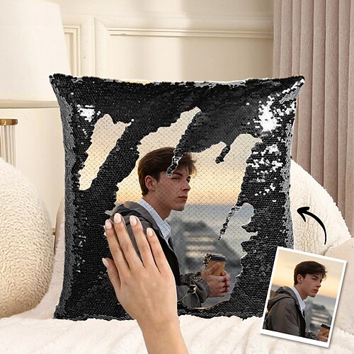 Personalisiertes Foto-Paillettenkissen für Männer, personalisierter Wendekissenbezug mit Ihrem Bild, einzigartiges Geschenk für ihn zum Geburtstag oder Jahrestag Image
