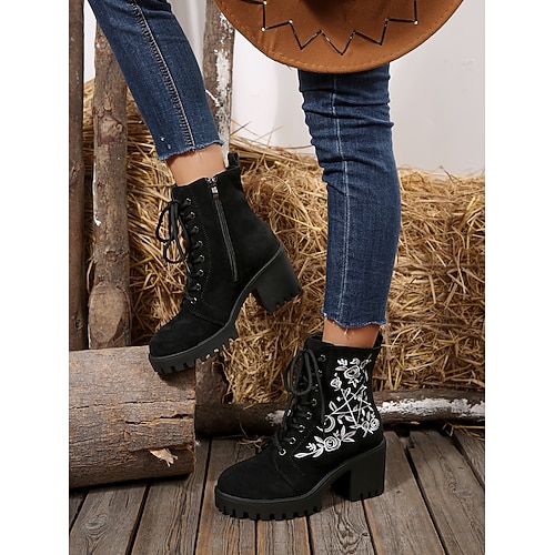 Damenstiefeletten aus hellbraunem Wildleder mit Schnürung und Blumenstickerei, Kampfstiefel mit Blockabsatz für Freizeit- und Partykleidung Image