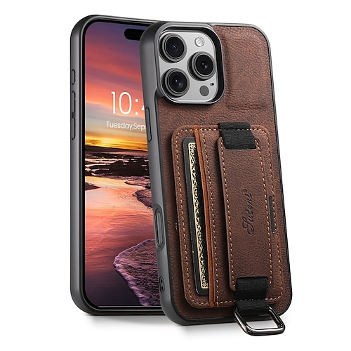 Handy Hülle Handyhüllen Für iPhone 17 Pro Max 17 Air 16 Pro Max Plus 15 Pro Max Plus 15 14 Pro Max Plus 16e Rückseite Mit Handgelenkschlaufe Ständer Kartenfach Retro TPU PU-Leder Image