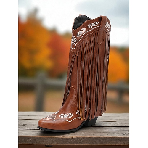 Damen Western-Cowboystiefel mit Fransen – kniehohe Stiefel aus braunem Kunstleder mit gestickten Details, Retro-Country-Stil für Rodeo, Herbstfeste und Farmmode Image