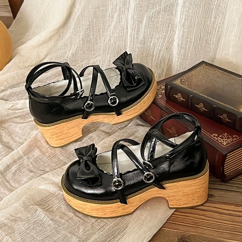 Einzelne Schuhe mit Blockabsatz, Herbst, neue runde Zehen, flacher Mund, eine Linie mit Schleife, Plattform, rutschfeste Mary-Jane-Schuhe mit hohem Absatz