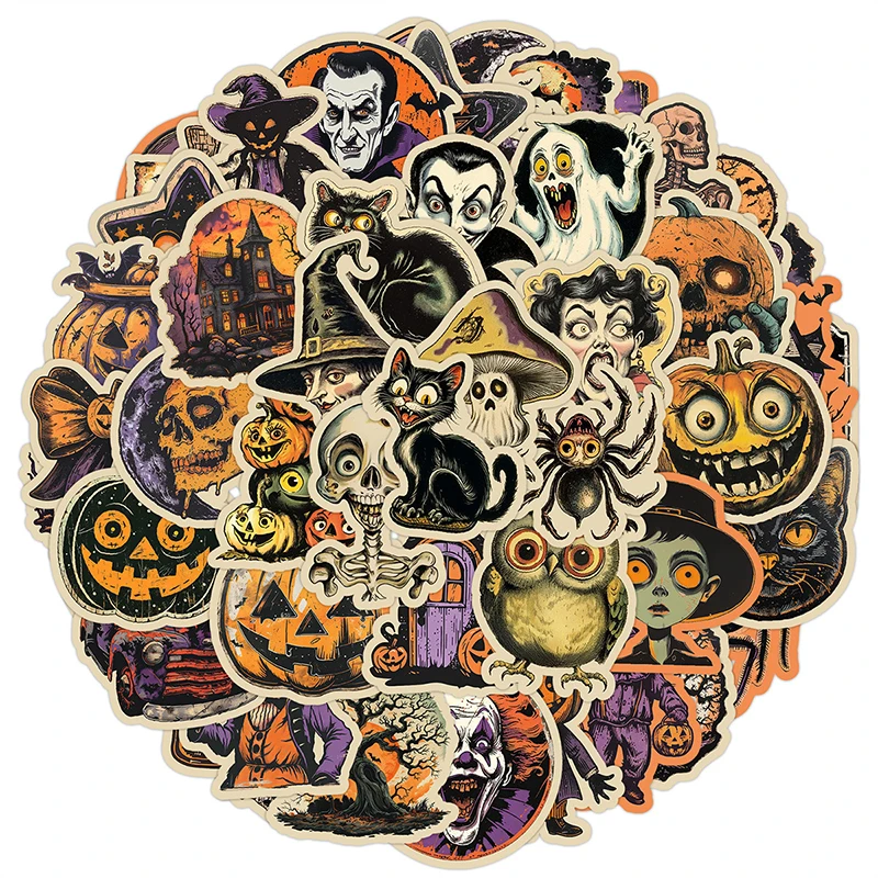 50 Stück nicht wiederholende Halloween-Kürbis-Thema-Aufkleber, Halloween-Bastelarbeiten, Party-Geschenke, Aufkleber, wasserfestes Vinyl, Laptop, Wasserflasche Image
