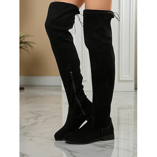 Braune Overknee-Stiefel für Damen – flache Overknee-Stiefel aus Wildleder mit seitlichem Reißverschluss und Schnürung hinten, lässige Herbst-Winter-Schuhe zum Spazierengehen, Reisen und für den Alltag Image