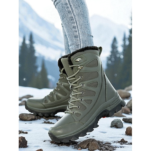 Khakifarbene wasserdichte Winter-Schneestiefel für Damen mit Fellfutter – warme Schnürschuhe für draußen bei kaltem Wetter und Skiausflügen Image