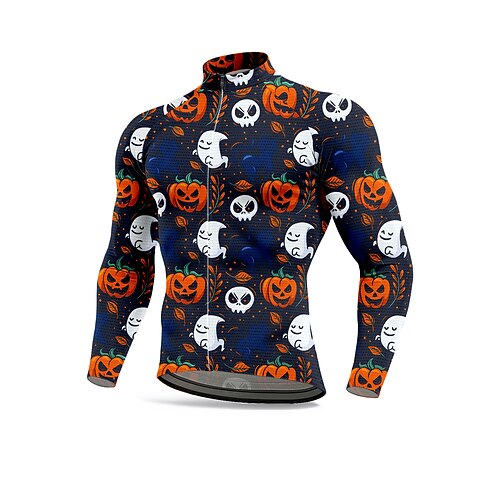 Herren Oberteile Radtrikot Grafik Geometrisch Halloween Langarm Fahhrad Trikot Oberteil mit 3 Gesäßtaschen Sonne Sonnenschutz Schnelltrocknend Reflektierende Streifen Sport Orange Bekleidung