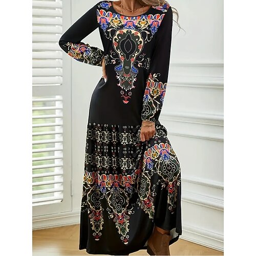 Damen Maxikleid A Linie Kleid Sommerkleid Urlaub Lässig Strand Täglich Normale Passform Grafik Geometrisch Langarm Rundhalsausschnitt Schwarz Sommer Frühling Herbst Winter Image
