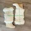 Damen-Kniestiefel im Vintage-Stil, weißes Fell, Keilabsatz, Vintage-Stil, Schuhe, Schnallenriemen, Kniestiefel, warme Winterstiefel, seitlicher Reißverschluss, 46