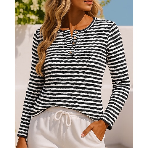 Damen Gestricktes Pullover-Sweatshirt Lässige Oberteile Langarm Oberteil Athleisure Herbst Streifen Mode Outdoor Reise Sport Sportbekleidung Sportkleidung Weinrot Schwarz Blau Image