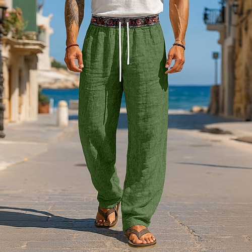Herren Leinenhosen Hose Sommerhose Baggy-Hosen Strandhose Kordelzug Patchwork Elastischer Bund Geometrisch Komfort Atmungsaktiv Volle Länge Lässig Täglich Strand Urlaub Mode Grün Khaki Mikroelastisch Image