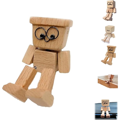 Schüttelnde Holzmannfigur, bezaubernde kleine Holzfigur, die schwankt, handgefertigte, schüttelnde Füße, Holz-Armaturenbrett-Dekorationen für Autos, kreative Holz-Schreibtischdekoration Image