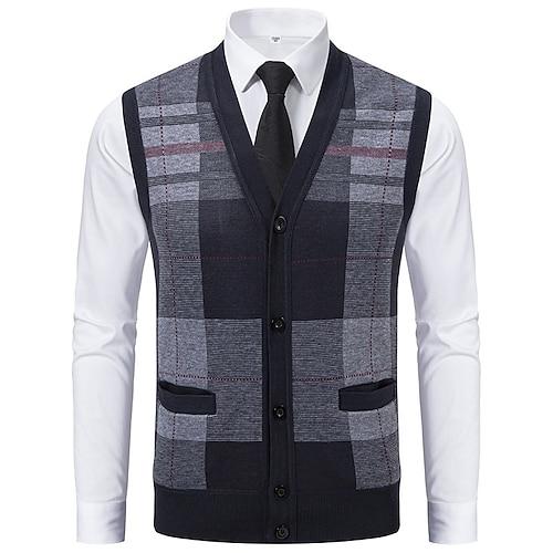 Herren Pullover Pullunder Kleid Pullover Strickjacke Strickpullover Gerippt Stricken Normale Oberteile Gestrickt Gerippt Karomuster V Ausschnitt Mode Schals Geschäft Lässig Bekleidung Herbst Winter