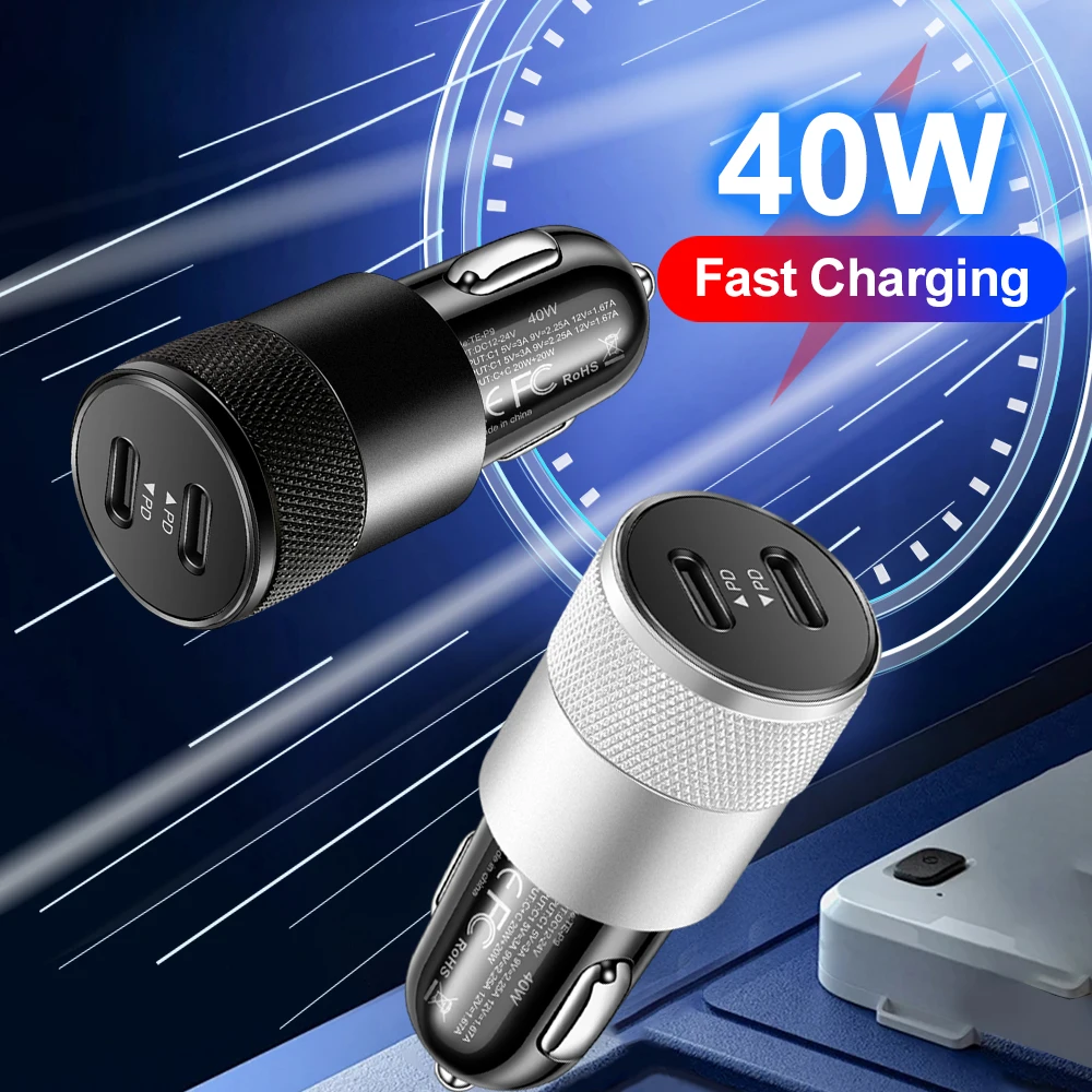 40 W Dual USB Typ C Auto Ladegerät Metall Auto PD Ladegerät Adapter Schnelle Lade USB C Ladegerät für Handy im Auto Für iPhone 13 12 Image