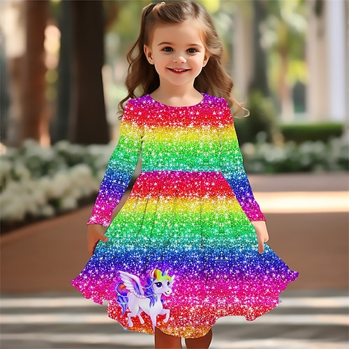 Mädchen' 3D Regenbogen Einhorn Kleid Langarm Sommer Frühling Urlaub Täglich Ferien Prinzessin Schön Süß Kinder 4-12 Jahre Freizeitkleid A Linie Kleid Knielang Normale Passform Image