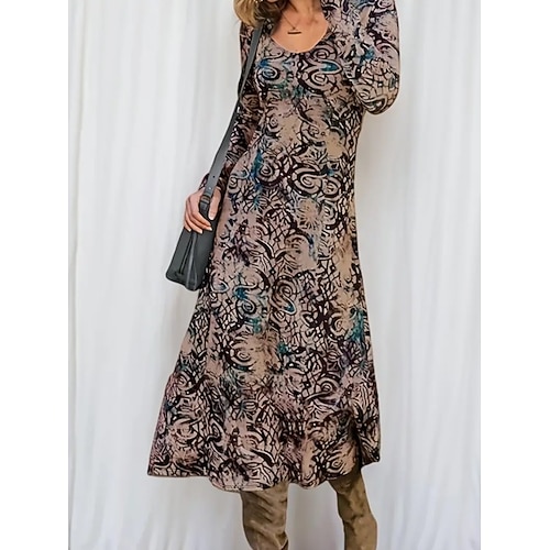 Damen Midikleid Etui-Kleid T-Shirt-Kleid Urlaub Lässig Boho Ferien Date Normale Passform Grafik Geometrisch Stammes Langarm Rundhalsausschnitt Braun Frühling Herbst Winter Image