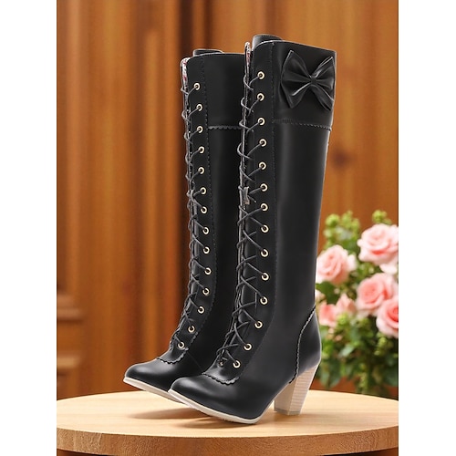 Braune Damen-Kniestiefel mit Schnürung, Schleife und Blockabsatz – viktorianische und edwardianische Vintage-Lolita-Cosplay-, Retro-Mode- und Partyschuhe Image