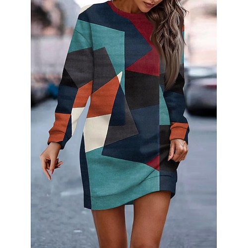 Damen Sweatshirtkleid Mini Kleid Shift Kleid Lässig Ferien Wochenende Reguläre Passform Grafik Farbblock Langarm Crew Neck Pink Königsblau Blau Lila Herbst Winter Image