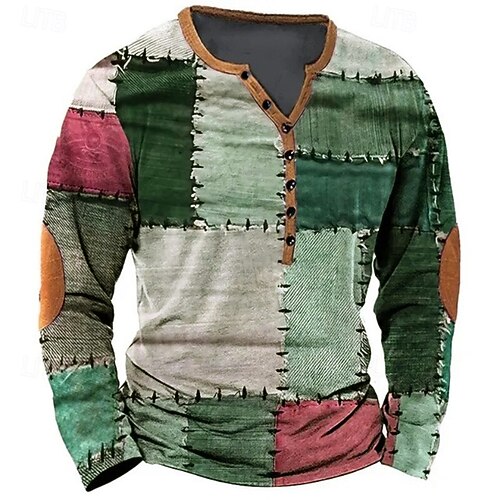 Herren Patchwork T Shirt Henley Hemd T-Shirt Langarm Vintage Designer Stilvoll Lässig Täglich Outdoor Frühling Sommer Ganzjahres Purpur Grün Khaki Kaffee Grau Henley Henley T-Shirt Image