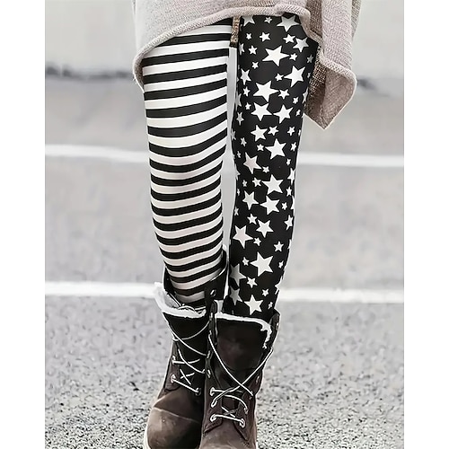 Damen Hosen Hose Leggings Gemütliche Leggings Streetwear Lässig Volle Länge Hohe Taille Stern Gestreift Elastischer Bund Druck Atmungsaktivität Bequem Dehnbar Urlaub Straße Alltagskleidung Schwarz Image