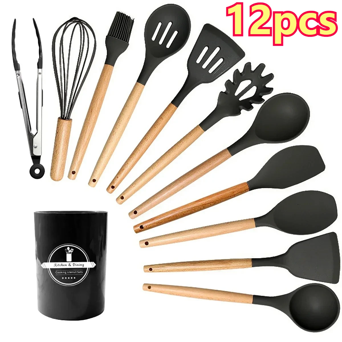 12 pièces/5 pièces Ensemble d'ustensiles de Cuisine en Silicone pour Ustensiles de Cuisine antiadhésifs Noir Outils de Cuisine Ustensiles de Cuisine Accessoires résistants à la chaleur
