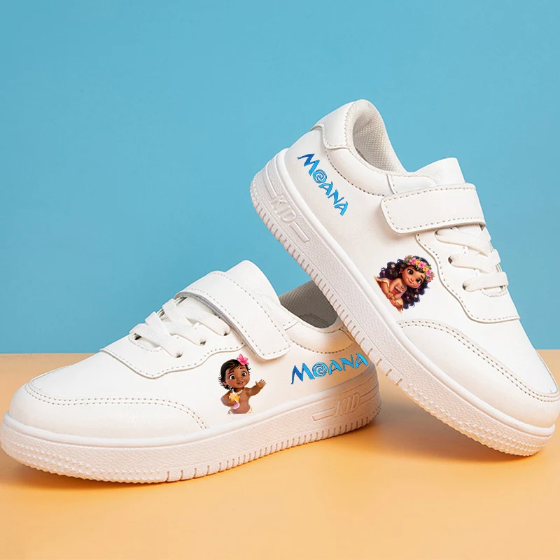 Disney Moana Turnschuhe Mädchen Cartoon Anime Figur Sportschuhe Trendy Casual Board Schuhe Leder Weiche Sohlen Weiße Schuhe Schuhe