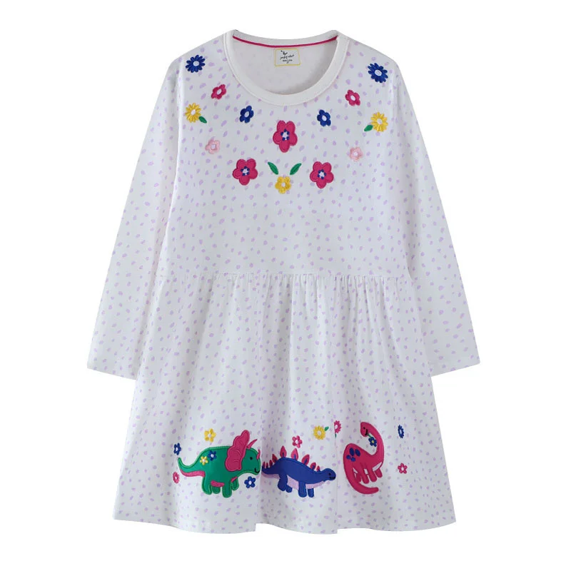 Jumping Meters 2-7T Herbst Frühling Dinosaurier Schulkleider Blumenstickerei Langarm Geburtstagsgeschenke Kinderkleid Image